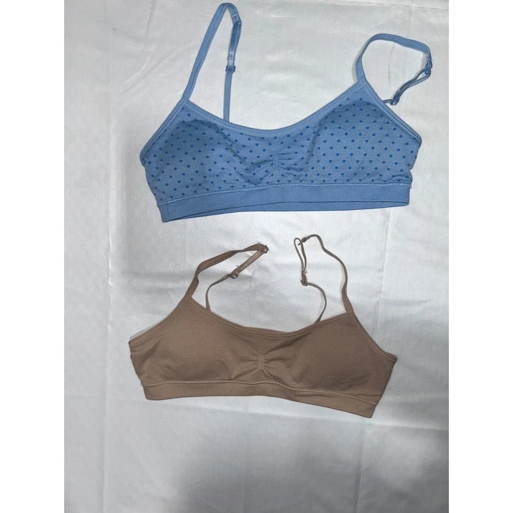 Hanes Girls Seamless‎ Bralette Set 2 Pack Tan Blue Polka Dot Small H189